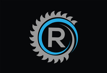 Sawmill emblem logo vector for carpentry,with latter R