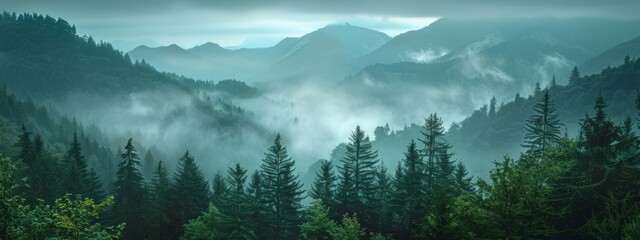 A serene, mountain landscape background with misty peaks and evergreen trees.
