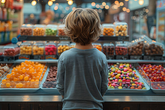 Naklejki A child gazes eagerly at a colorful shop display filled with an array of tempting sweets, highlighting the wonder and joy of childhood indulgence