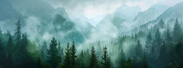 A serene, mountain landscape background with misty peaks and evergreen trees.