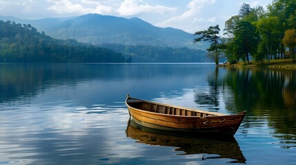 Obraz premium Tranquil Lake Boating: A Serene Rowboat Journey Amidst Reflections of Surrounding Wilderness