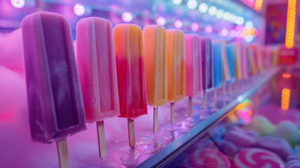 A variety of colorful popsicles displayed in a neon-lit setting.