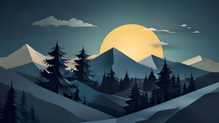 Obraz premium landscape with moon Paper Art Illustration Design Generative ai