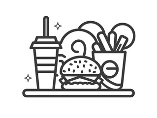 Outline icon of a plate of fast food. Minimal style on white background. 