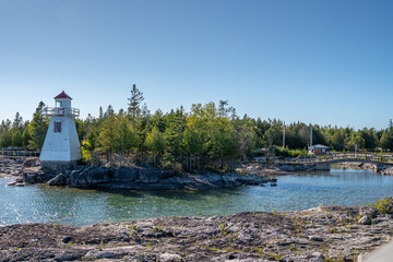 South Baymouth Range Front Lighthouse, located on Manitoulin Island, Ontario, Canada, stands as a...