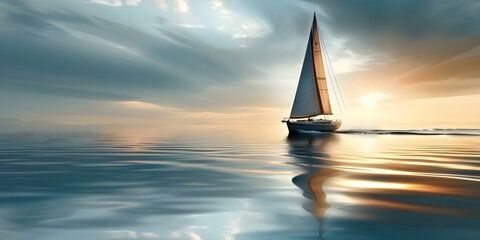 Serenely sailing through tranquil blue waters, a sailboat leaves a gentle wake. Concept Tranquil Waters, Sailing, Sailboat, Blue Serenity, Nautical Journey