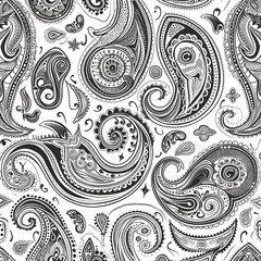 A black and white paisley patterned fabric with a white background