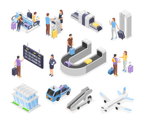 Isometric 3d airport passengers. Departure or arrivals boards, luggage tape and professional team. Check in stand, airplane and suitcase, flawless vector set
