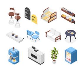Isometric cafe equipment. Cafeteria or restaurant furniture, bakery food and bar elements. Coffee cups, juice in fridge, chairs flawless vector set