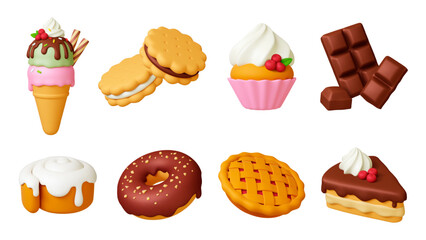 3d dessert. Bakery shop sweets, pastries and cakes. Realistic ice cream, pie and cookies. Chocolate and cupcake, donut, pithy vector clipart
