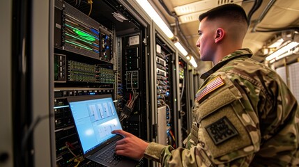 Soldier in uniform, using a laptop to configure servers in an open cabinet inside a high-tech military data center