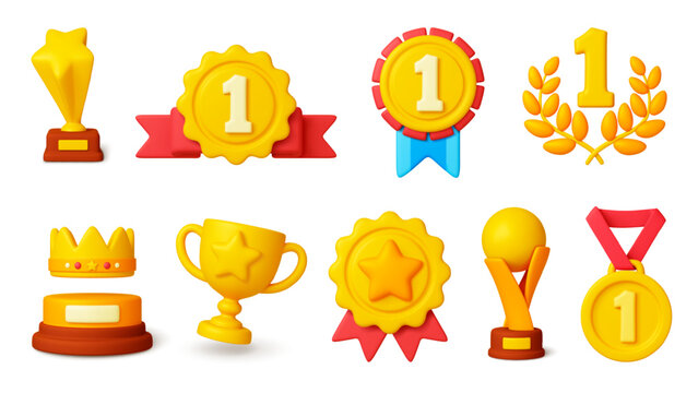 Awards 3d elements. Golden prizes and medals, cups and trophy. Isolated gold crown and stars. Render realistic championship awards pithy set