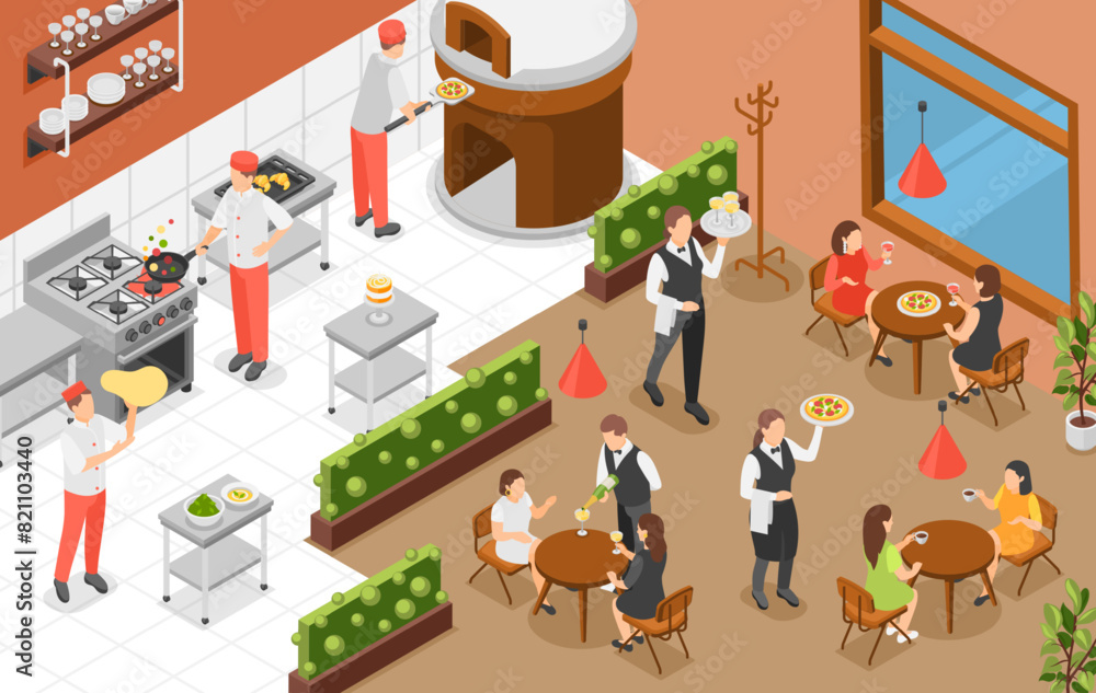 Wall mural isometric cafe interior. open kitchen restaurant or pizzeria. people meeting, drinking and eating. w