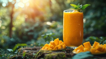 Refreshing mango smoothie in a glass surrounded by fresh mango chunks outdoors with a scenic forest...