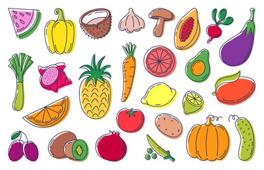 Hand drawn doodle vegetables. Tropical fruits, vegan raw ingredients. Pepper watermelon carrot and pumpkin. Vegan vitamin fresh food, neoteric vector set
