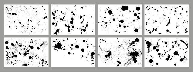 Ink splashes background. Blots black paint, abstract flows and dirty splatters. Hand drawn inks dots and paints grunge design, neoteric vector design