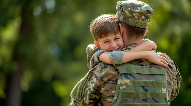 American soldier in uniform hugs her little son against the backdrop of a green park