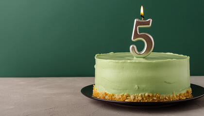 Birthday cake with green frosting, candle number 5. Sweet food. Festive dessert. Happy anniversary