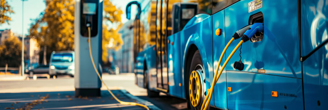 An electric bus is actively charging at a station, highlighting modern sustainable public transportation solutions