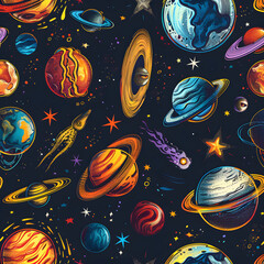 A colorful painting of planets and stars with a space rocket in the middle