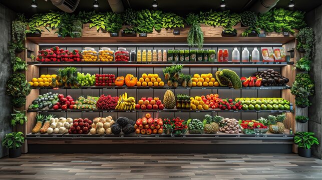 A vibrant display of fresh fruits and vegetables in a well-organized grocery store with lush green plants on the walls.