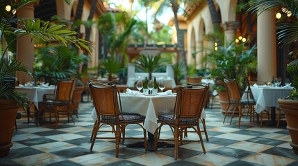 Elegant outdoor restaurant setting with lush greenery, wicker chairs, and white tablecloths, creating a tropical and upscale dining ambiance.