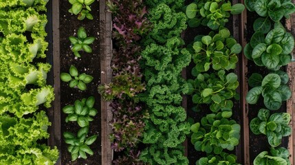 Aerial perspective: Rows of mixed greens growing in a raised planter box, a thriving salad garden captured from above.
