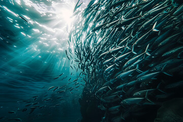 A school of sardinella fish swimming in the clear blue waters of the ocean, creating beautiful patterns with their synchronized motion. Ideal for marine biology and underwater photography.