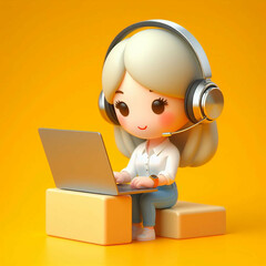 3d woman character with laptop and headphone on isolated yellow background with space for copy