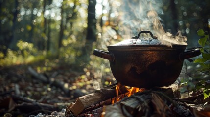 Cast iron pot simmering over an open fire in a forest