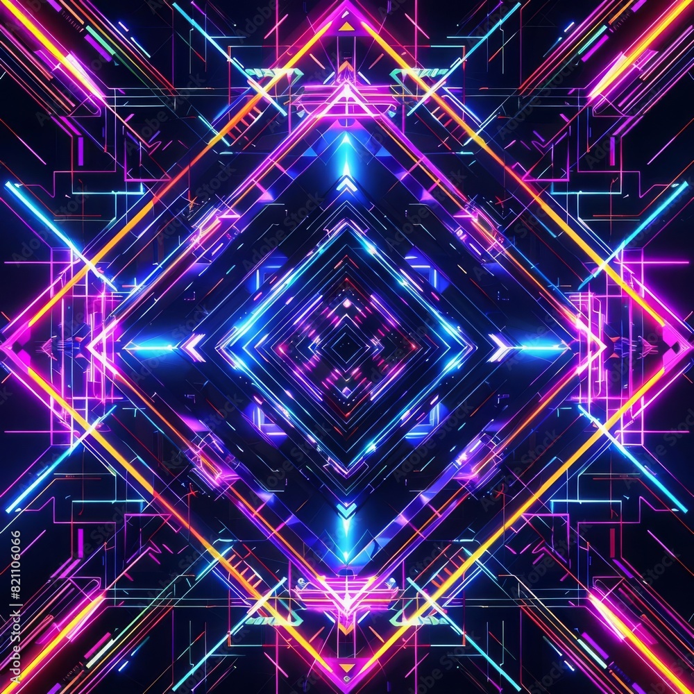 Poster vibrant and symmetrical neon light pattern with colorful geometric shapes and futuristic design on a