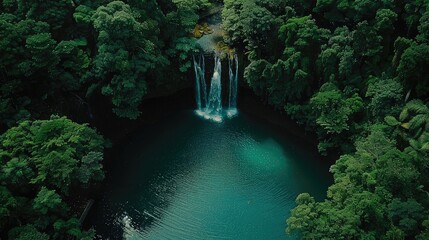 Aerial shot of a waterfall plunging into a tranquil pool, surrounded by dense forest, a serene oasis from above.