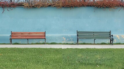 Parallel park benches, one occupied by a single person, the other by a couple, illustrating phases of relationships