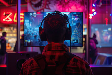 Fototapeta premium A young guy playing games in the club with headphones. World video games day, 8th july