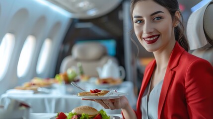 A beautiful woman is eating a meal on a private jet. - Powered by Adobe