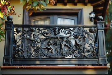 A balcony railing adorned with a wrought iron frieze, depicting scenes from mythology or folklore,...