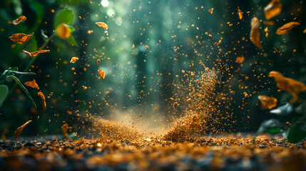 Product photo of some tobacco  powder in the air and in the middle on the left. Small amount of green-brown powder coming out of the tobacco is spraying towards the left. Generative AI Illustrations.