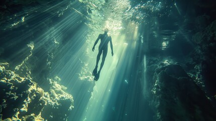 Generate a visual narrative of a swimmer gliding gracefully through clear underwater caves