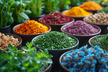 Fototapeta premium Close-up of vibrant mix of herbs and spices in bowls, highlighting their unique textures and colors, displayed in a tranquil garden setting