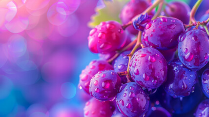 Close-up of fresh, dewy grapes with a vibrant bokeh background.