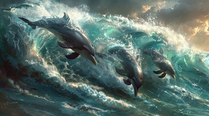 Generate a visual narrative of dolphins leaping gracefully through cresting waves