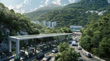 a plaza at the foot of a mountain, with vehicles queued up at toll booths, offering a dynamic...