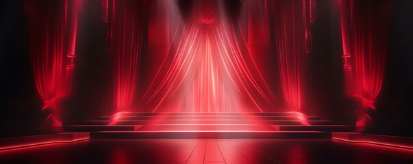 Red stage with spotlights and red curtain.