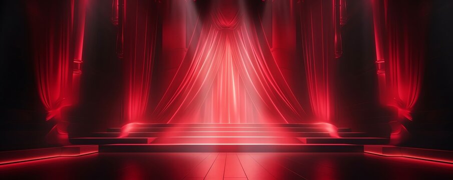 Red stage with spotlights and red curtain.