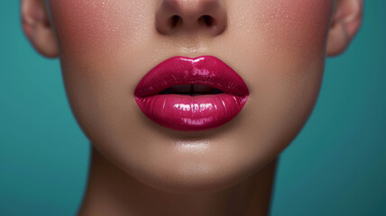 Naklejka premium Close-up of woman's glossy red lips with clear skin