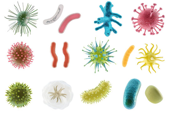 set of microbe and virus icons featuring beneficial bacteria found in probiotics, like Lactobacillus and Bifidobacterium.
