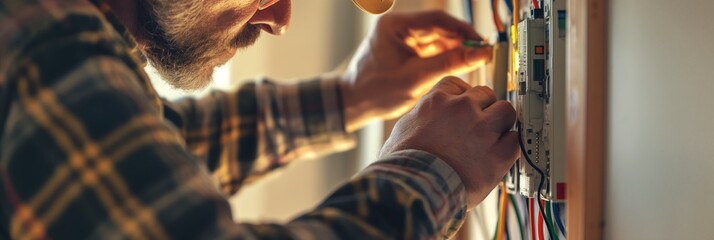 An electrician carefully works on wires and circuits in an electrical box using a screwdriver