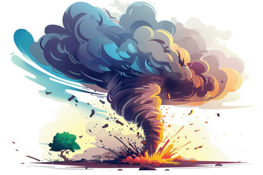 tornado's structure, including the funnel cloud, debris cloud, and surrounding winds.