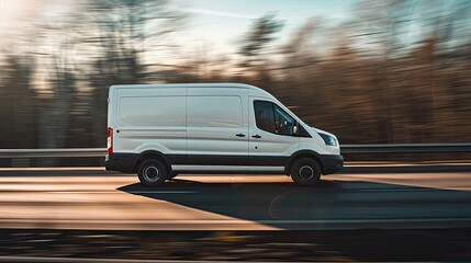 Obraz premium a white cargo van speeding along the highway, its motion blurred by the fast-paced journey.