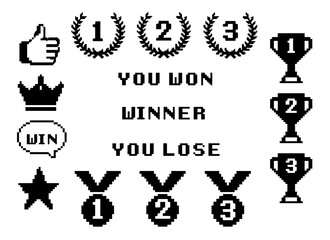 8bit awards icons in pixel Y2k retro style. Winner cups, medals, trophy pixel art set and text: you won, winner, you lose. Achievement reward, first, second and third place prizes